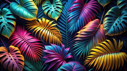 Fototapete - Vibrant Tropical Foliage A Lush Arrangement of Jewel-Toned Palm and Monstera Leaves in a Striking Composition