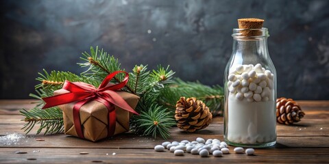 Poster - A Festive Arrangement Featuring a Gift, Evergreen Boughs, Pine Cones, and a Jar Filled with Miniature White Sweets on a Rustic Wooden Surface