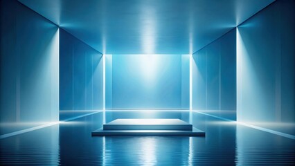 Leinwandbilder - Serene Blue Minimalist Platform in Reflective Pool, Ideal for Product Presentation or Abstract Art Display