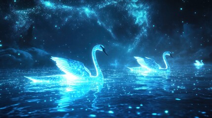 Wall Mural - Luminous swans floating on water beneath a starry night sky