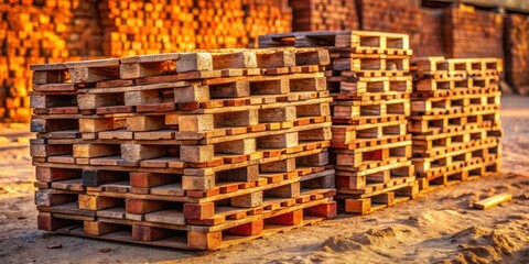 Aufkleber - Golden Hour Pallet Stacks  A Collection of Wooden Pallets Arranged in Neat Piles, Bathed in the Warm Light of the Setting Sun.