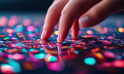 Poster - A hand gently explores a vibrant landscape of colorful confetti, creating a sense of wonder and celebration.