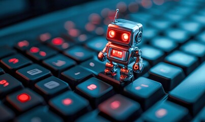 Poster - A tiny robot stands guard on a computer keyboard, symbolizing the power of automation.