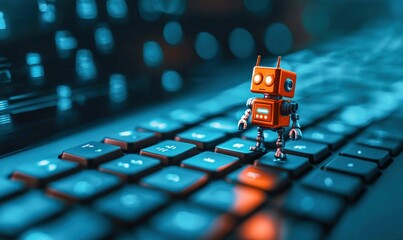 Poster - A tiny robot standing on a computer keyboard represents the intersection of technology and automation.