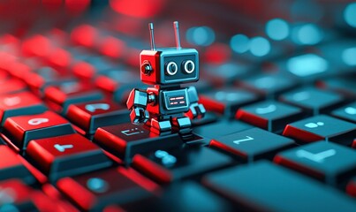 Poster - A toy robot sits on a keyboard bathed in red and blue lights, representing AI and digital technology.
