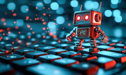 Poster - A small metallic robot walks across a computer keyboard, illuminated with blue and red lighting.