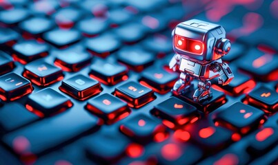 Poster - A tiny, metallic robot navigates the glowing keys of a computer keyboard with its red eyes.