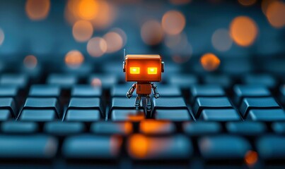 Poster - A miniature robot stands on a keyboard amidst glowing bokeh, symbolizing the digital age.