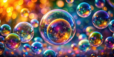 Poster - A cosmic spectacle of iridescent spheres, reflecting galaxies within their shimmering surfaces, suspended in a vibrant, bokeh-filled atmosphere