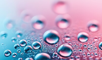 Poster - Delicate water droplets cling to a surface, creating a captivating abstract texture in blue and pink.