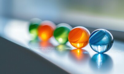 Poster - A vibrant line of glass marbles showcases a spectrum of color, reflecting light in a mesmerizing way.