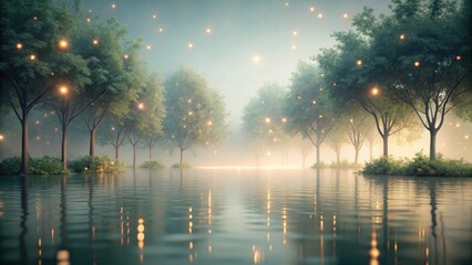 Poster - Enchanted Grove Submerged in Serene Waters, Illuminated by Glowing Lights at Dusk