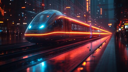 Fototapete - A sleek autonomous train glides down tracks illuminated by neon lights, demonstrating advanced mobility and automated systems in a bustling city at night.