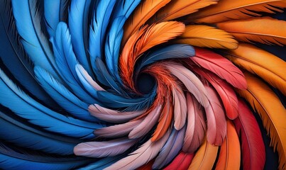 Poster - A visually stunning spiral of vibrant feathers in shades of blue, orange, and red radiates elegance.