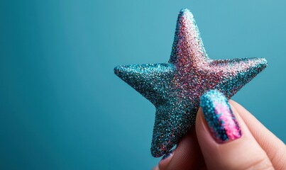 Poster - A shimmering blue glitter star held in hand with matching glitter nail polish creates a festive scene.