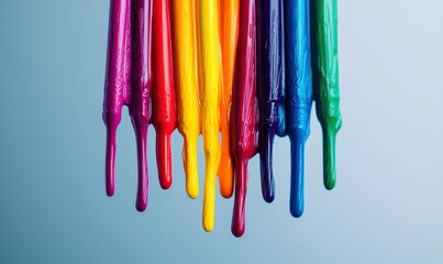 Poster - A cascade of vivid rainbow paint drips create a mesmerizing abstract flow on blue background.