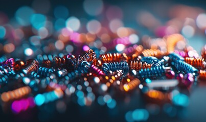 Poster - A mesmerizing close-up of vibrant metal springs creates a captivating bokeh background.