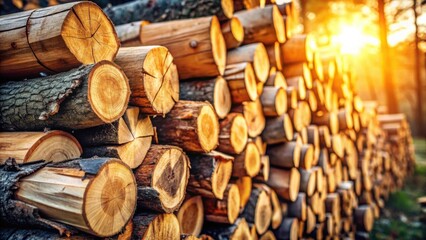 Aufkleber - Golden Hour Lumber Stack  A sunlit display of neatly arranged timber logs, showcasing the warm tones and natural textures of freshly cut wood.