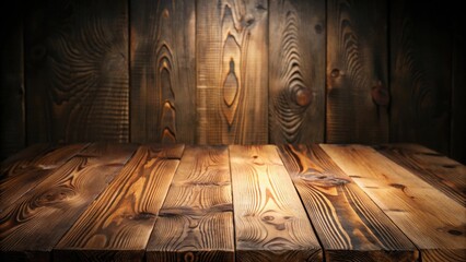 Poster - Rustic Wooden Tabletop Display with Warmly Lit Wooden Background Ideal for Product Placement and Mockups