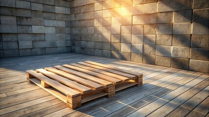 Aufkleber - Wooden pallet on a deck against a stone wall bathed in sunlight