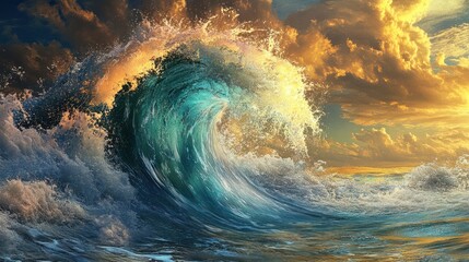 Wall Mural - A powerful breaking ocean wave illuminated by the golden sunlight above