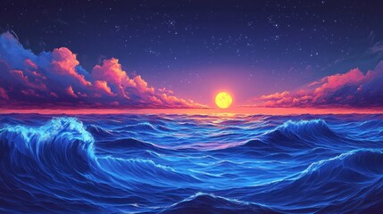 Wall Mural - The ocean at sunset with stars in the evening sky