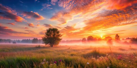 Poster - Serene Sunrise over a Misty Meadow with a Solitary Tree and Wildflowers