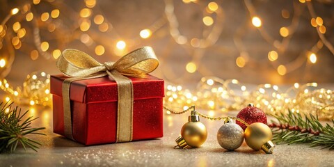 Poster - A Festive Red Gift Box with a Gold Bow, Adorned with Sparkling Ornaments and Festive Lights, Creating a Magical Holiday Scene