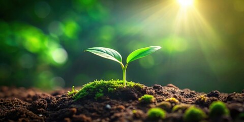 Poster - A vibrant young sprout emerges from rich soil, bathed in the warm glow of sunlight, symbolizing new growth and the promise of a flourishing future.