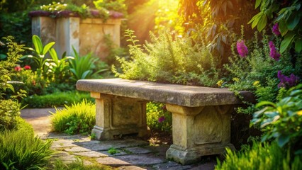Poster - Serene stone bench nestled amidst vibrant garden blooms bathed in warm sunlight, a tranquil outdoor haven ideal for quiet contemplation and peaceful relaxation.