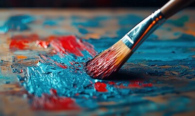 Poster - A paintbrush loaded with vibrant red sweeps across a canvas already blooming with bold strokes of blue.