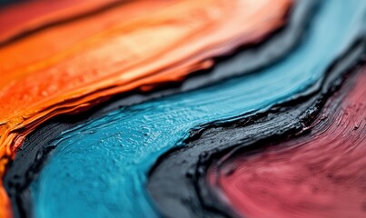 Poster - Close-up of textured canvas with layers of thick oil paint in orange, blue, black, and red.