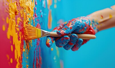 Poster - A painter's hand covered in red and blue paint applies vibrant yellow strokes to a colorful wall.