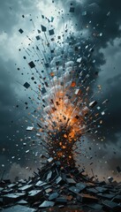 Poster - Explosive Eruption of Geometric Shapes and Fiery Particles in Sky