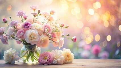Poster - A delicate bouquet of pastel blossoms arranged in a clear glass vase, adorned with soft, romantic lighting and a blurred background of enchanting bokeh.