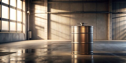 Aufkleber - A metallic drum sits on a polished concrete floor in a sunlit industrial space