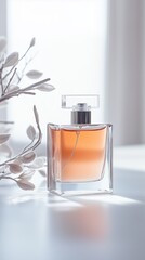Poster - elegantly displayed glass perfume bottle on a light surface with soft background foliage in a bright