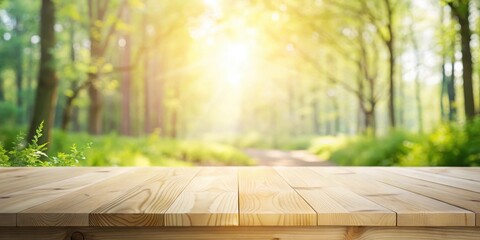 Poster - Wooden Tabletop in a Sunny Forest Setting, Perfect for Product Displays and Nature-Themed Designs