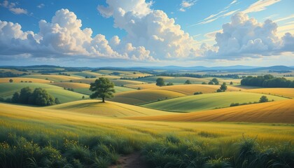 Naklejka na meble Serene Countryside Landscape with Lush Green Fields and Blue Sky