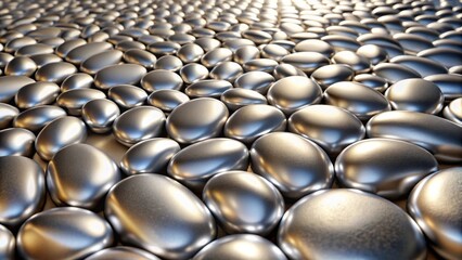 Fototapete - A Smooth Surface of Polished Metallic Pebbles, Gleaming Under a Soft Light, Creates a Textured, Reflective Background