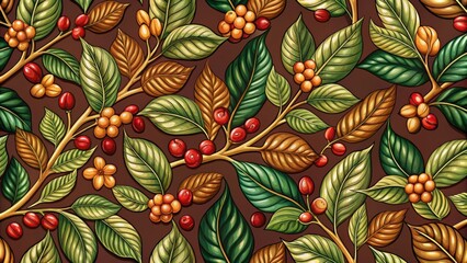 Aufkleber - Vibrant Coffee Plant Leaves and Berries Seamless Pattern Design for Textile and Wallpaper Applications