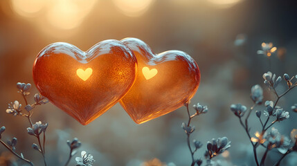 Wall Mural - a light gradient background with glowing intertwined hearts, small floral patterns and minimal abstr