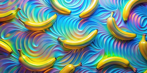Aufkleber - Vibrant Yellow Bananas on an Iridescent Swirling Surface A Colorful Composition of Tropical Fruit