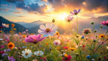Poster - Serene Sunset Meadow Vibrant wildflowers bathed in the golden hour light, showcasing a breathtaking display of nature's artistry against a majestic mountain backdrop.