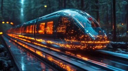 Leinwandbilder - Automation is exemplified as a smarttrain glides smoothly along its tracks, illuminated by glowing patterns in a serene forest environment at dusk.