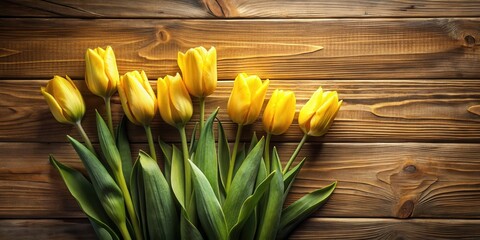 Poster - A vibrant bouquet of sunny yellow tulips arranged artfully on a rustic wooden surface