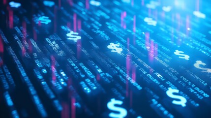 Poster - Digital Currency: A modern, dynamic composition of abstract digital data and currency symbols suggests the dynamic world of finance and online currency transactions.