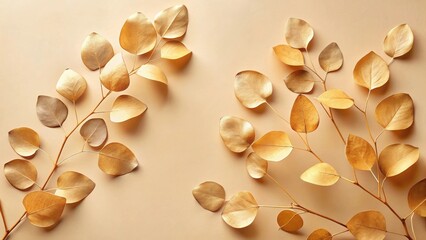 Poster - Elegant Golden Foliage Arranged Symmetrically on a Soft Beige Background, Creating a Luxurious and Refined Visual Composition Ideal for Decorative or Celebratory Purposes