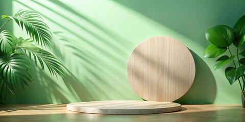 Poster - Serene Minimalist Display Featuring Circular Wooden Platforms and Lush Greenery Against a Soft Green Wall