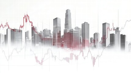 Poster - Economic Crossroads: A cityscape is superimposed with fluctuating financial graphs. This image is a visual metaphor for economic trends and business prospects.
